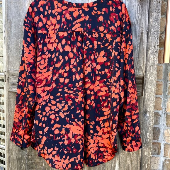 Liz Claiborne Long Sleeve V Neck Pullover Blouse | Orange/Navy/Red | SIZE: L | - Picture 2 of 5